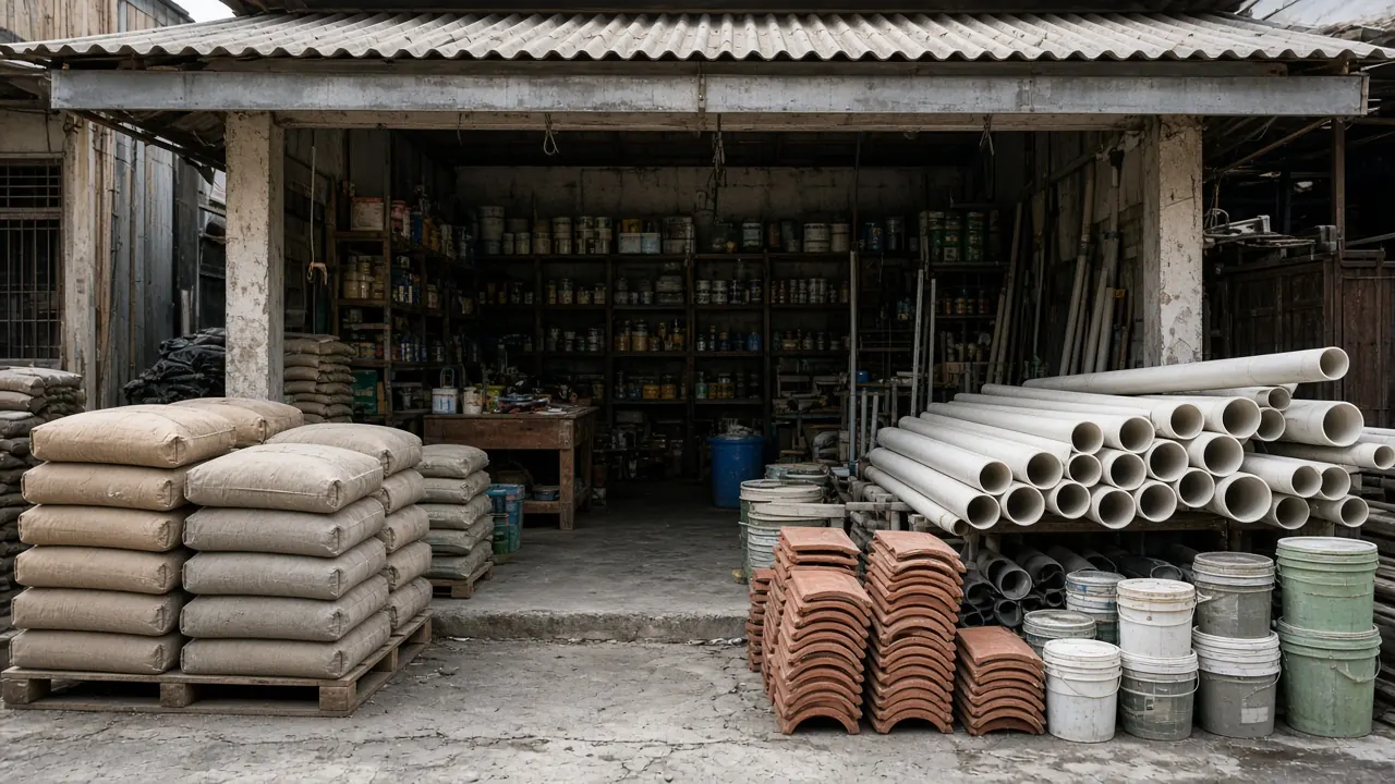 Tampak depan toko bangunan dengan tumpukan material di bawah atap